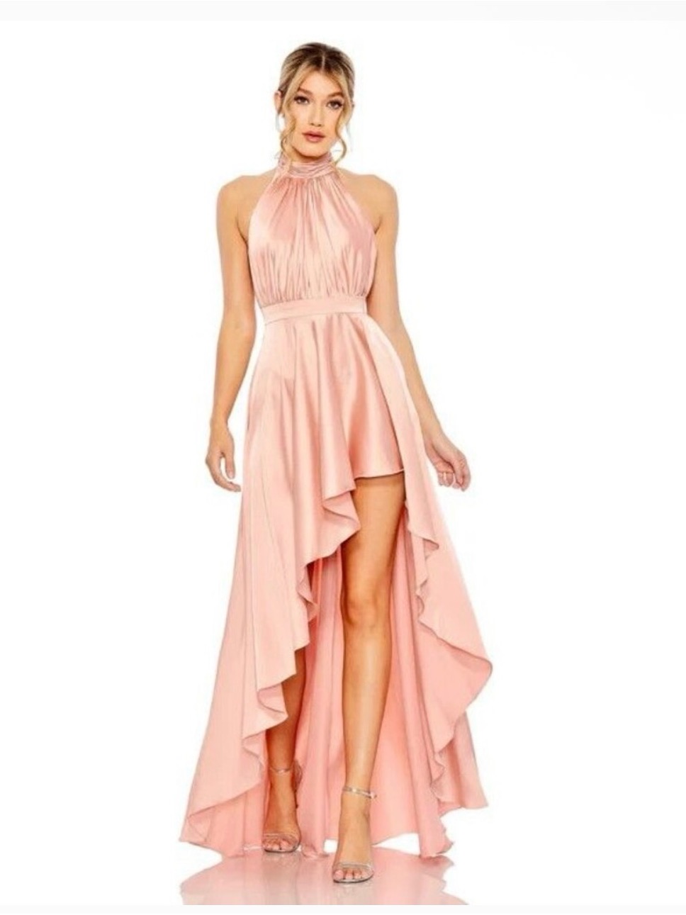 Mac Duggal 49664 High Low Halter Neck Satin Dress Rose Pink New Sz 4 Nwt